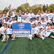 lacrosse team holding blue championship victory banner after winning game